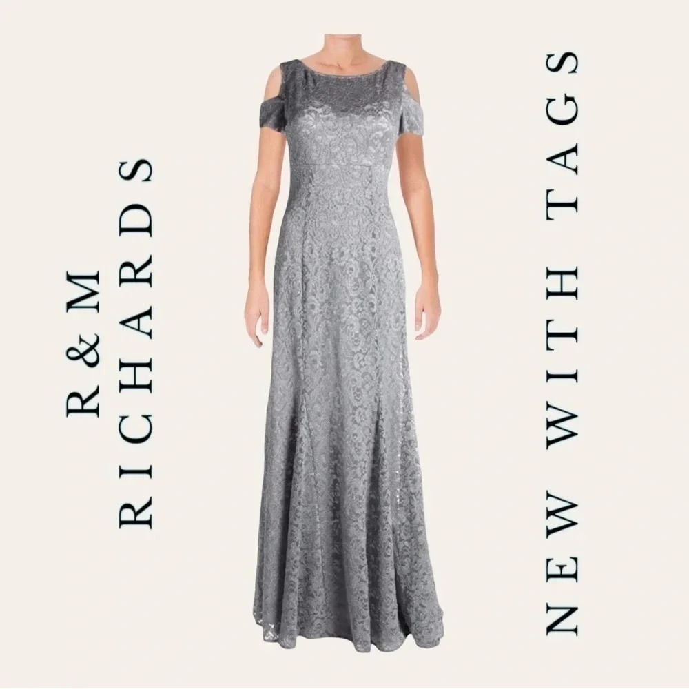 120. R&M RICHARDS OFF THE SHOULDER LACE GOWN SIZE 8 WHITE/SILVER/PLATINUM